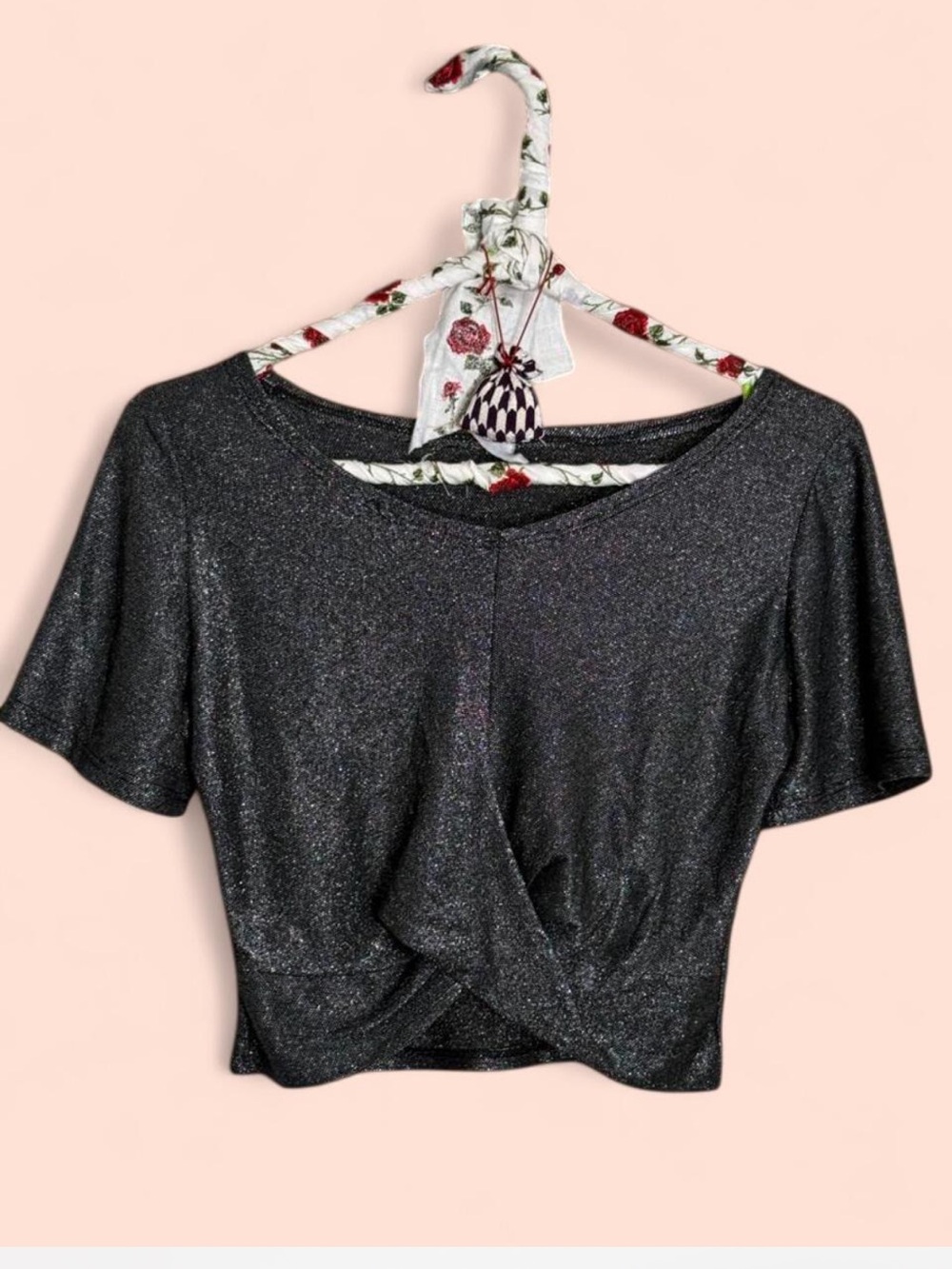 Y2K Women's Silver Metallic Short Sleeve Twist-Front Top S/M